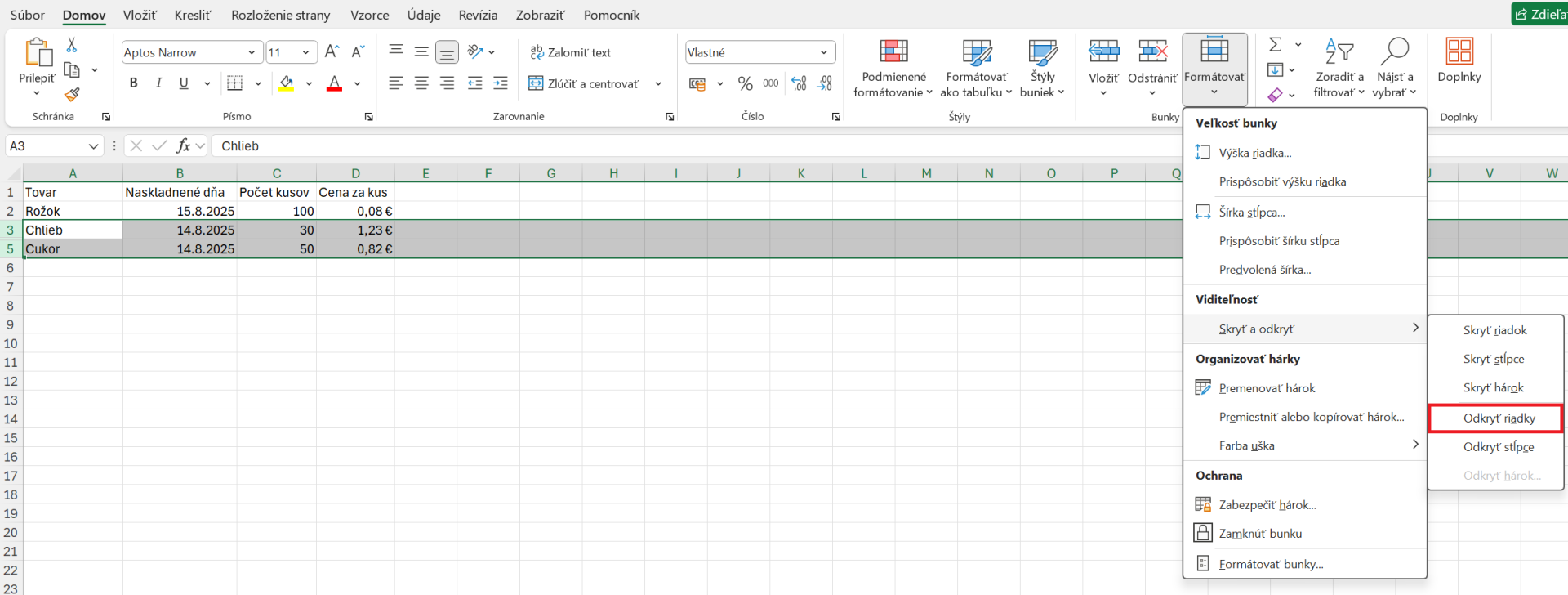 Ponuka zobrazenia riadka - Základy Microsoft Excel