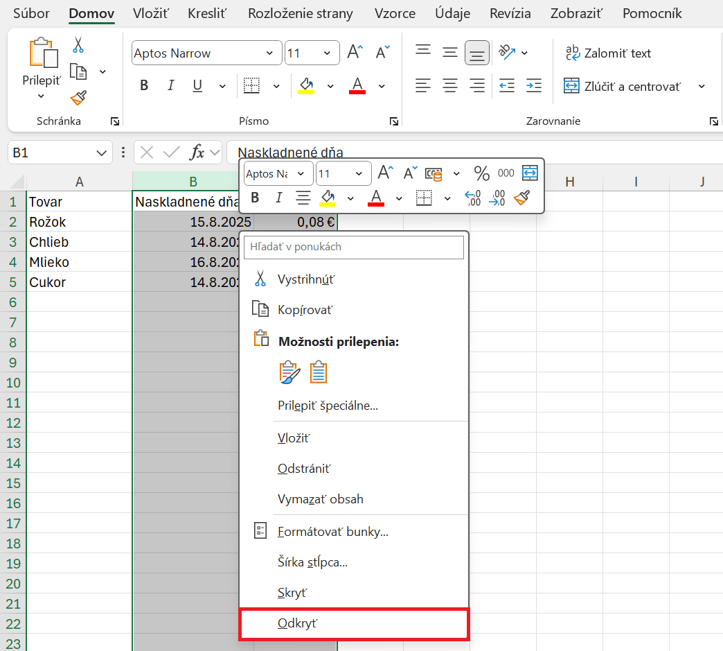 Ponuka zobrazenia stĺpca po kliknutí pravým tlačidlom myši - Základy Microsoft Excel