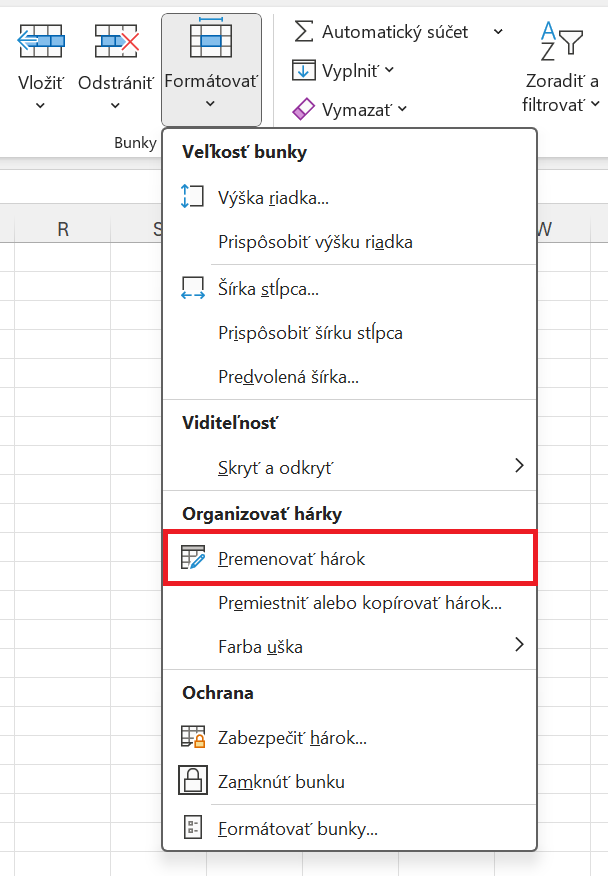 Ponuka premenovania hárka na karte Domov - Základy Microsoft Excel