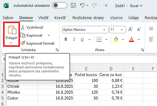 Ponuka vloženia vybratej bunky na karte Domov - Základy Microsoft Excel