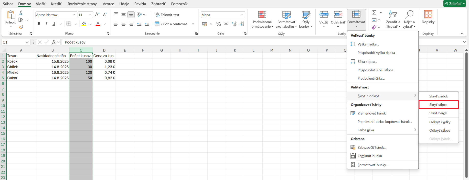 Ponuka skrytia stĺpca - Základy Microsoft Excel