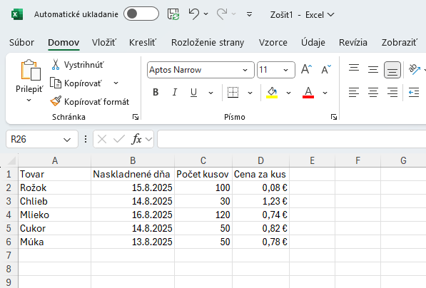 Ukážka tabuľky na evidenciu tovaru s doplnenými záznamami - Základy Microsoft Excel