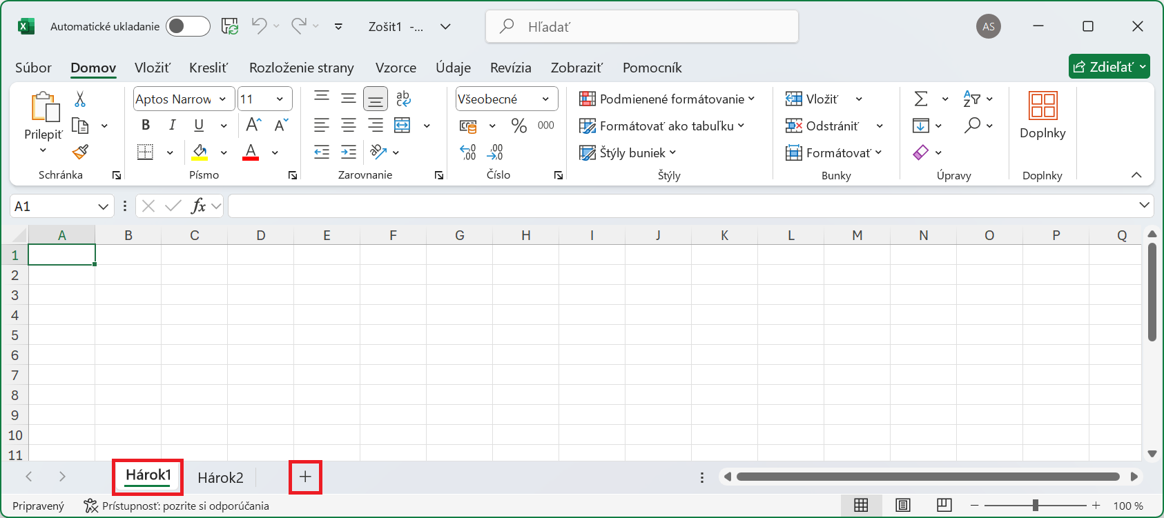 Tlačidlo plus na pridanie nového hárka - Základy Microsoft Excel