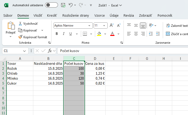 Ukážka označenia stĺpca - Základy Microsoft Excel