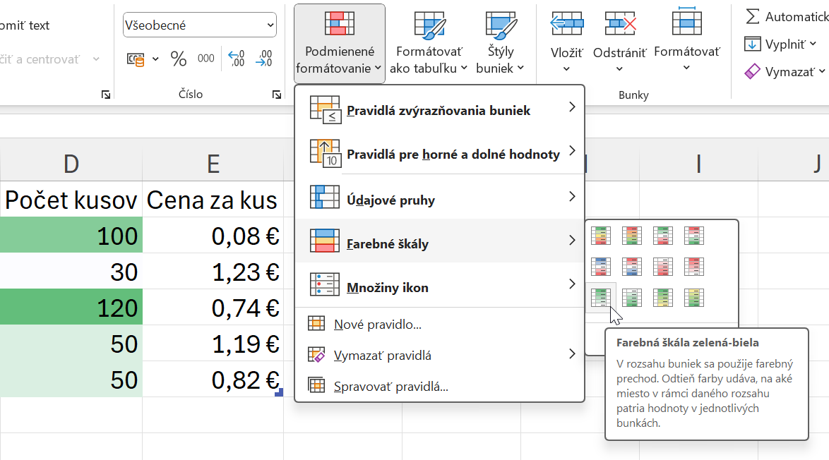 Ukážka použitia farebných škál v bunkách - Základy Microsoft Excel