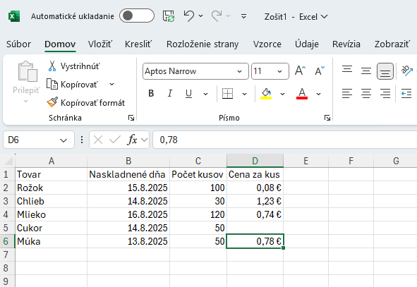 Ukážka presunutia záznamu s cenou - Základy Microsoft Excel