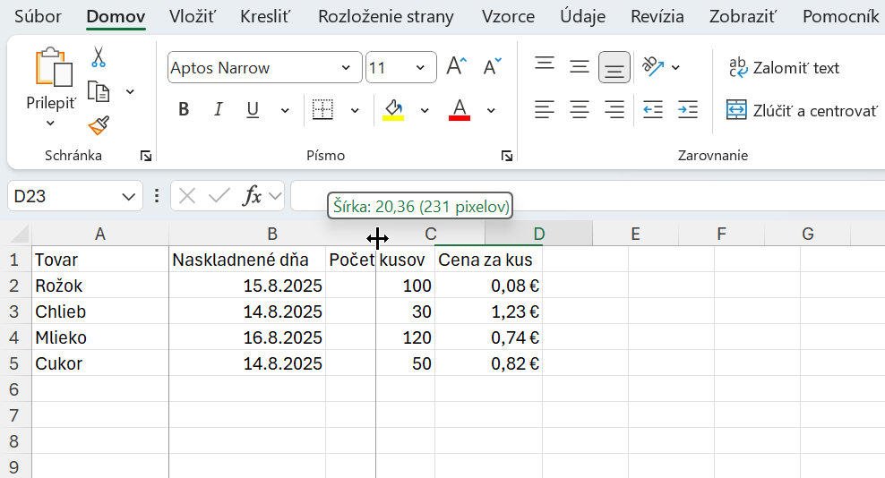 Úprava šírky stĺpca pomocou ťahania myšou - Základy Microsoft Excel