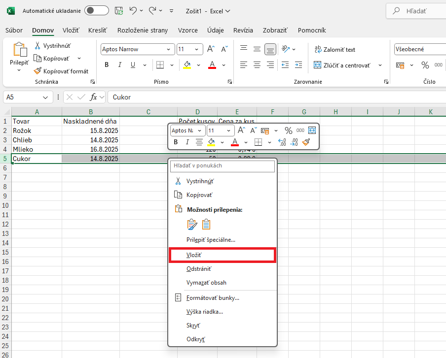 Ukážka vloženia riadka pomocou pravého tlačidla myši - Základy Microsoft Excel