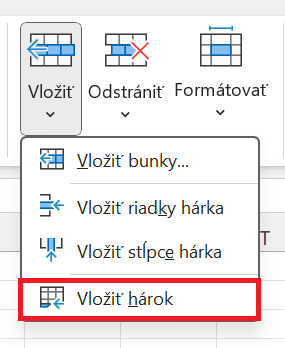 Ponuka vložiť hárok na karte Domov - Základy Microsoft Excel