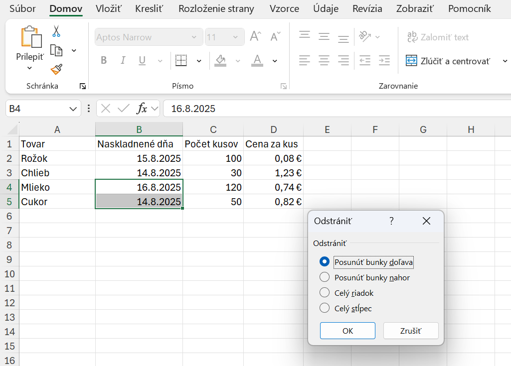 Voľba posunutia buniek pred odstránením vybraných buniek - Základy Microsoft Excel