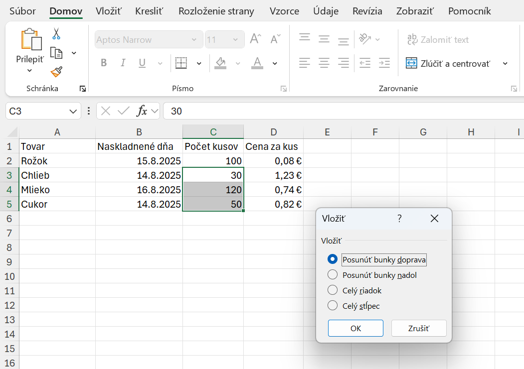 Voľba posunutia buniek pred vložením nových - Základy Microsoft Excel