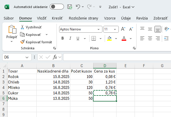 Ukážka vybratia záznamu s cenou - Základy Microsoft Excel
