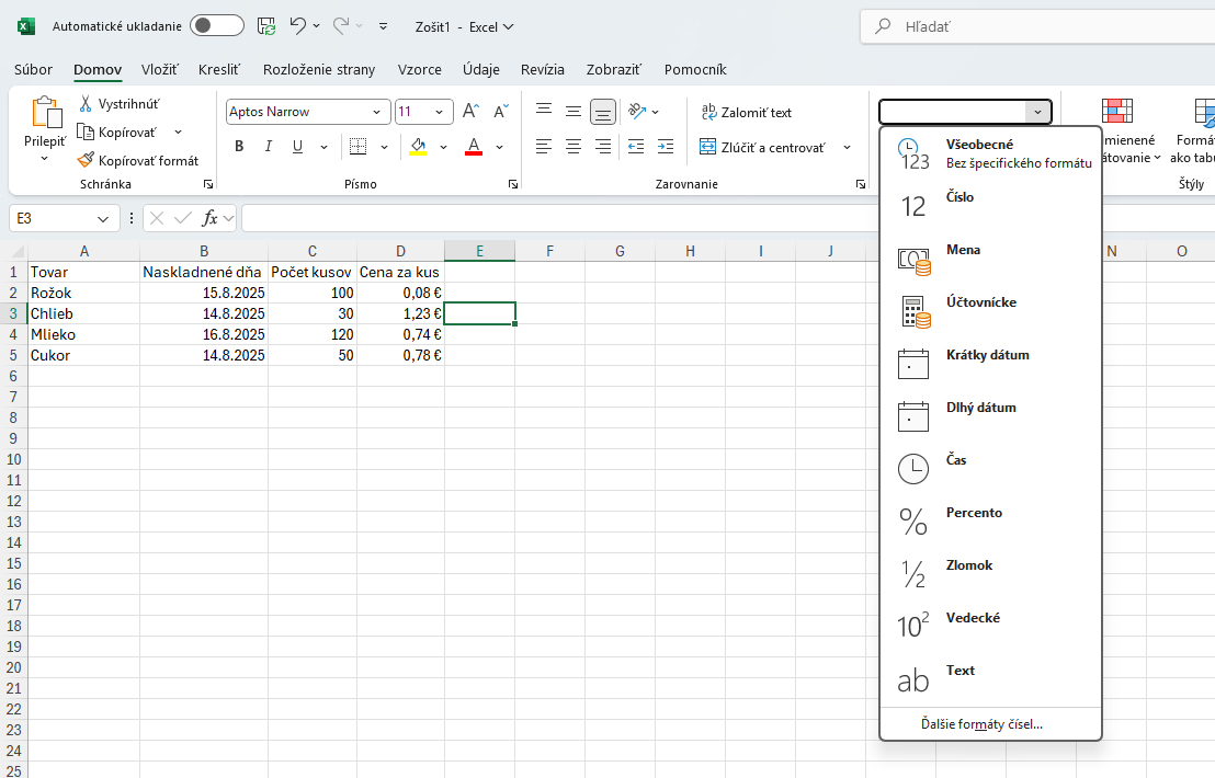 Možnosť zmeny formátu bunky na karte Domov - Základy Microsoft Excel