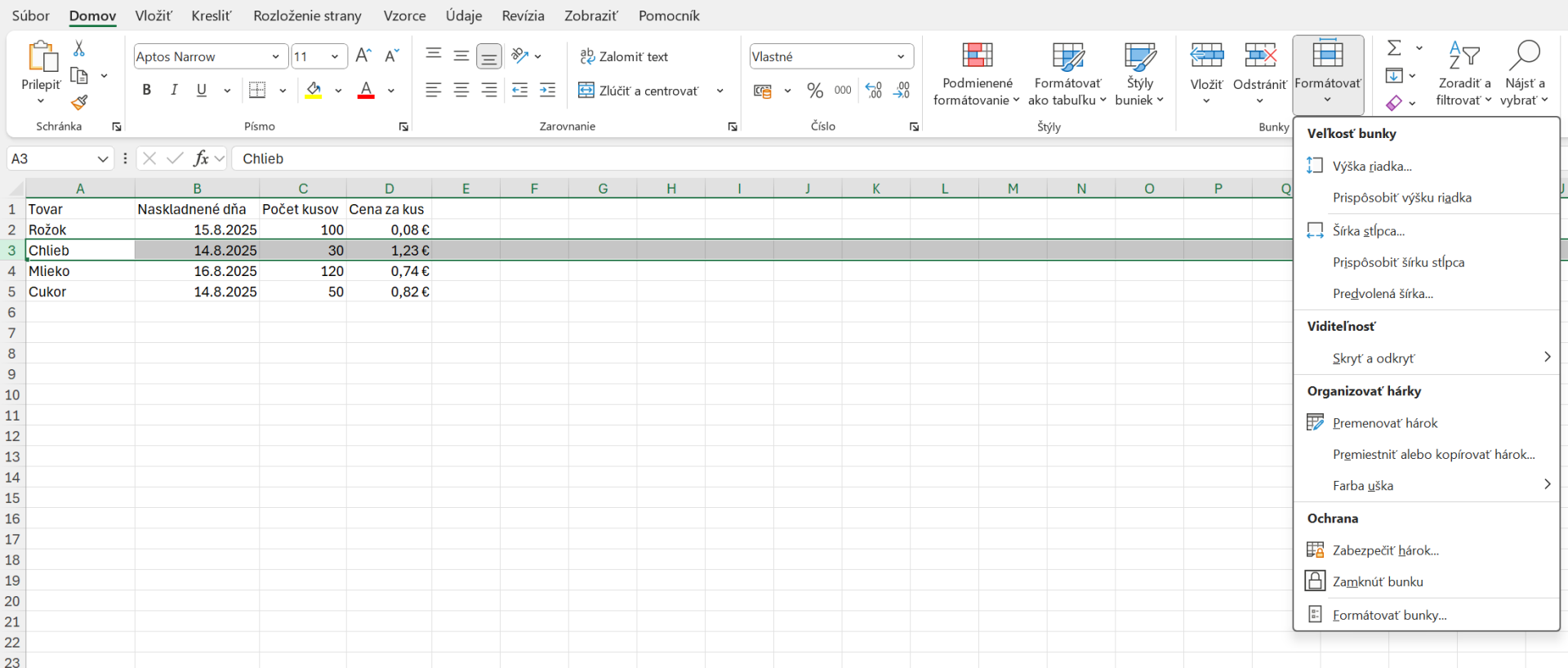 Zobrazenie ponuky Formátovať - Základy Microsoft Excel