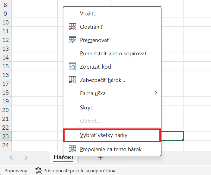 Zobrazenie ponuky Vybrať všetky hárky - Základy Microsoft Excel