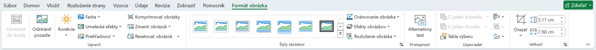 Ukážka celej karty Formát obrázka - Základy Microsoft Excel