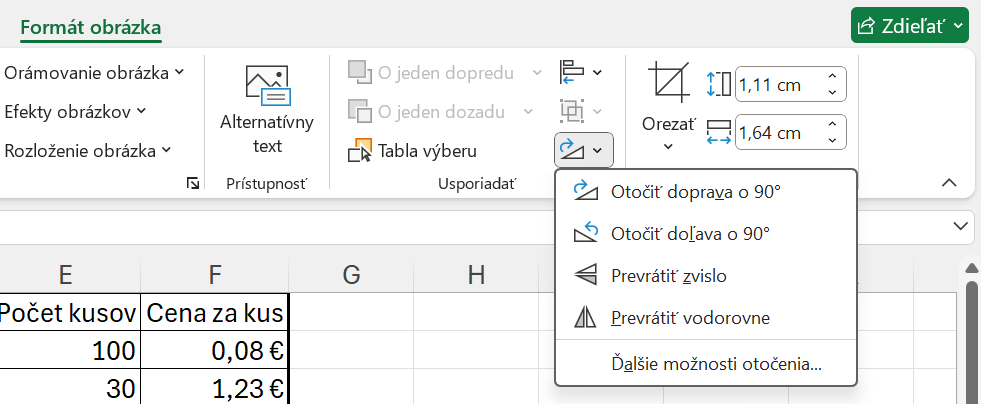 Karta Formát obrázka na otočenie obrázka - Základy Microsoft Excel