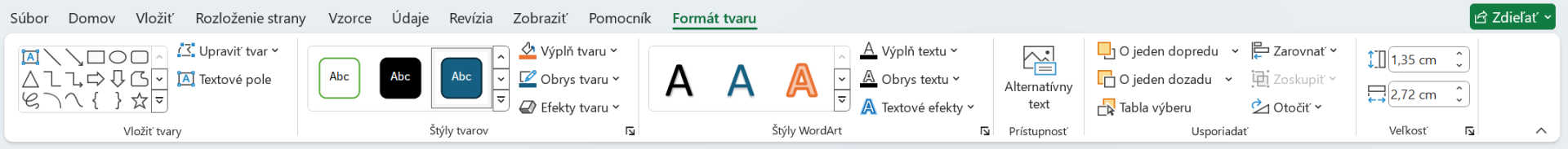 Ukážka karty Formát tvaru - Základy Microsoft Excel