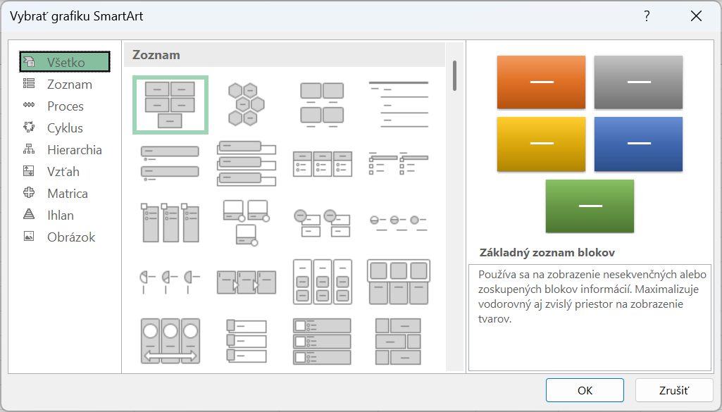 Okno s ponukou typov SmartArtov - Základy Microsoft Excel