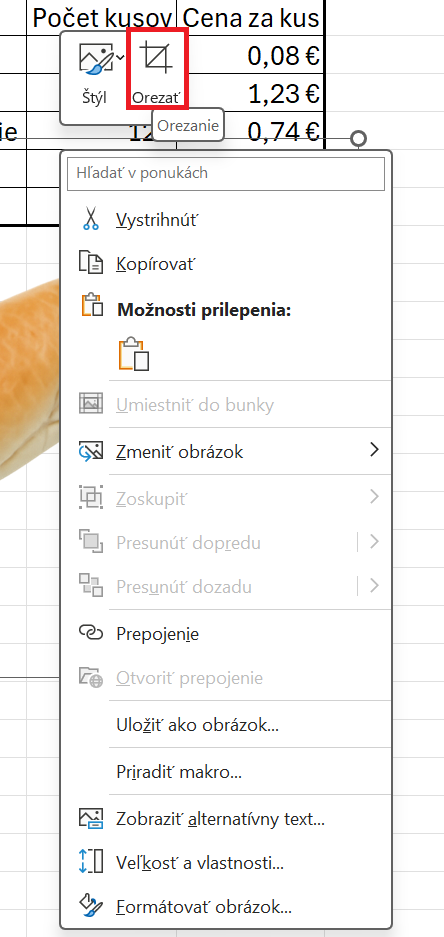 Ponuka orezania po kliknutí na obrázok - Základy Microsoft Excel