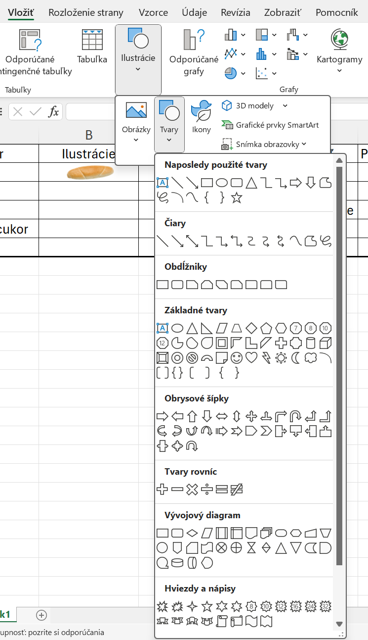 Ponuka tvarov na vloženie - Základy Microsoft Excel