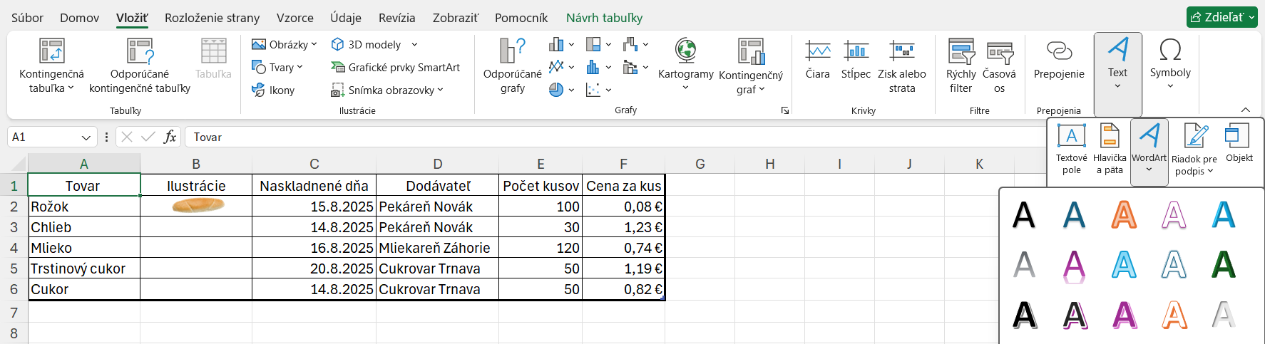 Ponuka vloženia WordArtu - Základy Microsoft Excel