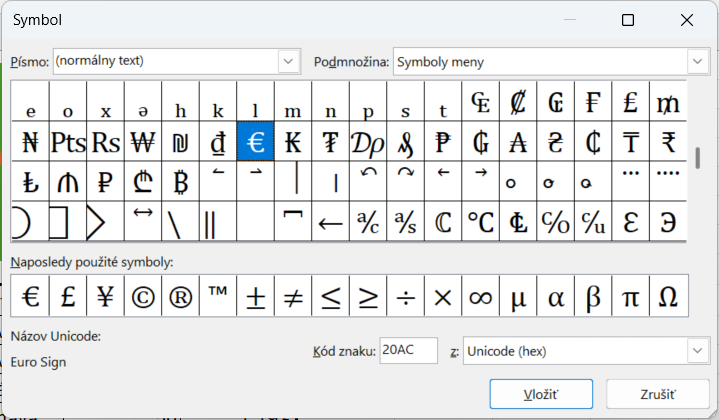 Ukážka vloženia symbolu do hárka - Základy Microsoft Excel