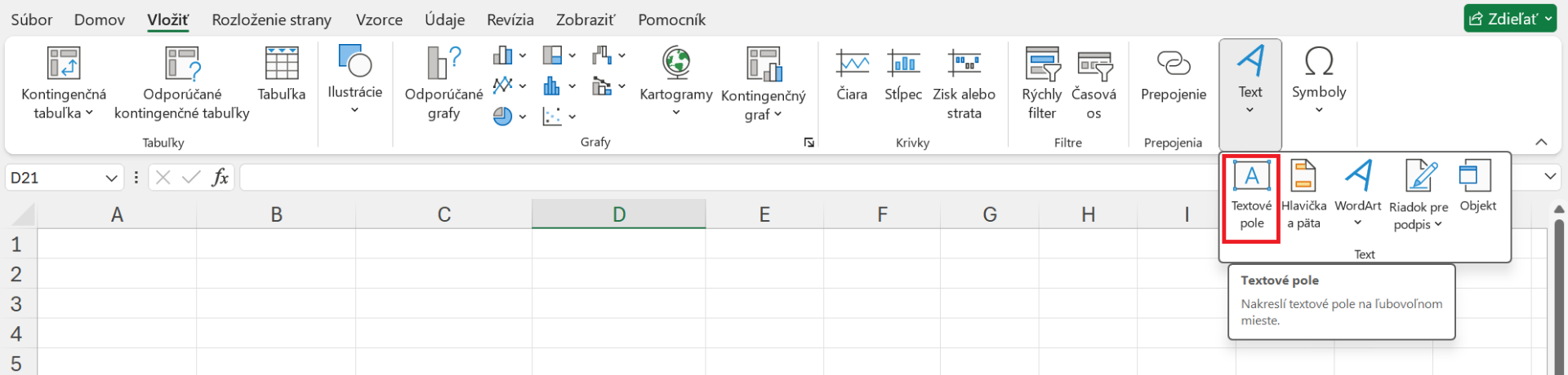Ponuka vloženia textového poľa - Základy Microsoft Excel