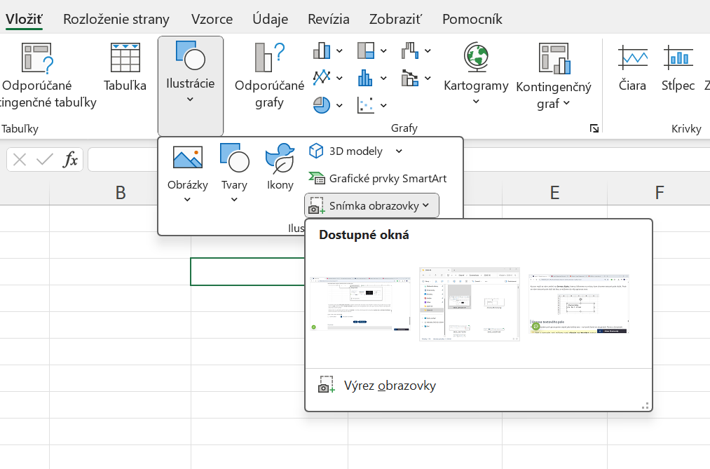 Výber obrazovky, ktorej snímka sa vloží do hárka - Základy Microsoft Excel