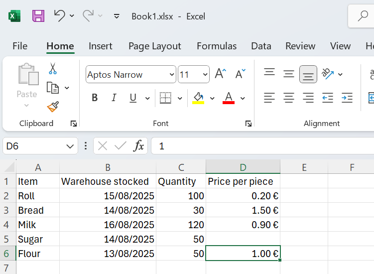 Ukážka presunutia záznamu s cenou - Základy Microsoft Excel