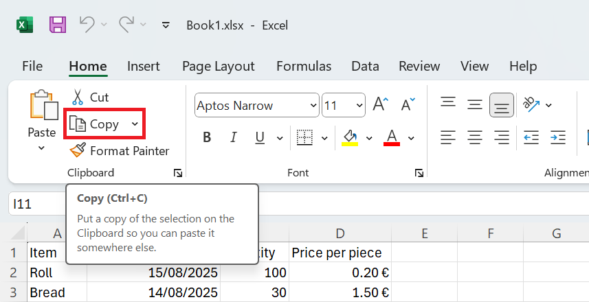 Ponuka Copy na karte Home - Základy Microsoft Excel