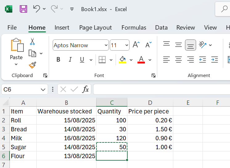 Ukážka kopírovania záznamu s počtom kusov - Základy Microsoft Excel