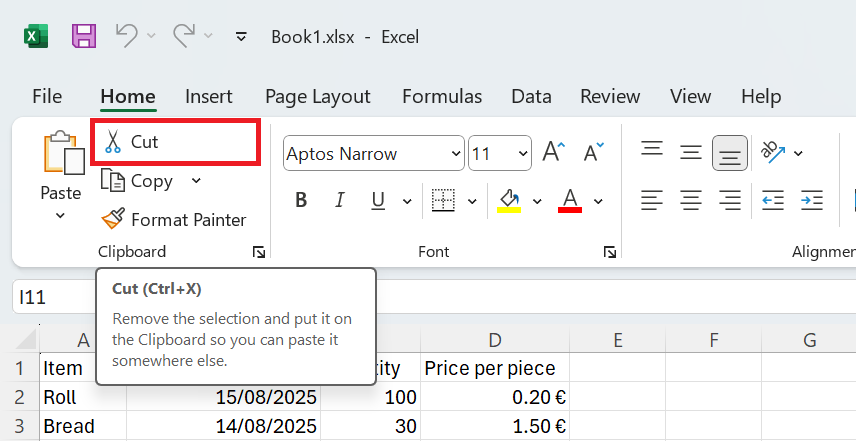 Ponuka Cut na karte Home - Základy Microsoft Excel