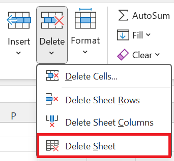 Ponuka Delete Sheet na karte Home - Základy Microsoft Excel