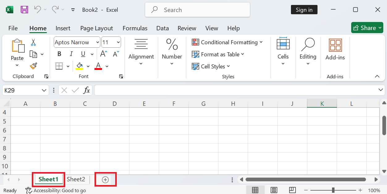 Tlačidlo plus na pridanie nového listu - Základy Microsoft Excel