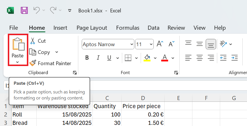 Ponuka vloženia vybratej bunky na karte Home - Základy Microsoft Excel