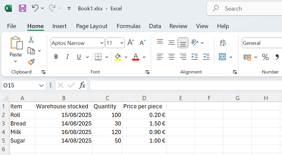 Ukážka tabuľky na evidenciu tovaru - Základy Microsoft Excel