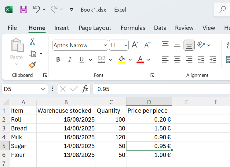 Ukážka tabuľky na evidenciu tovaru s doplnenými záznamami - Základy Microsoft Excel