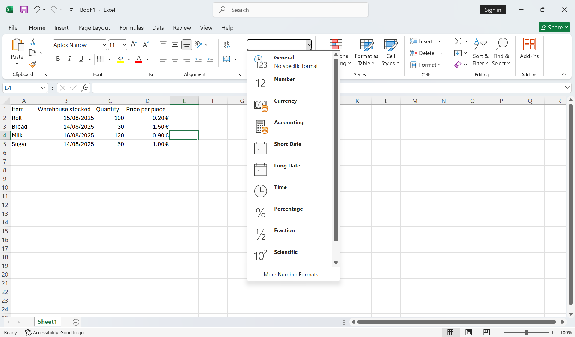 Možnosť zmeny formátu bunky na karte Home - Základy Microsoft Excel