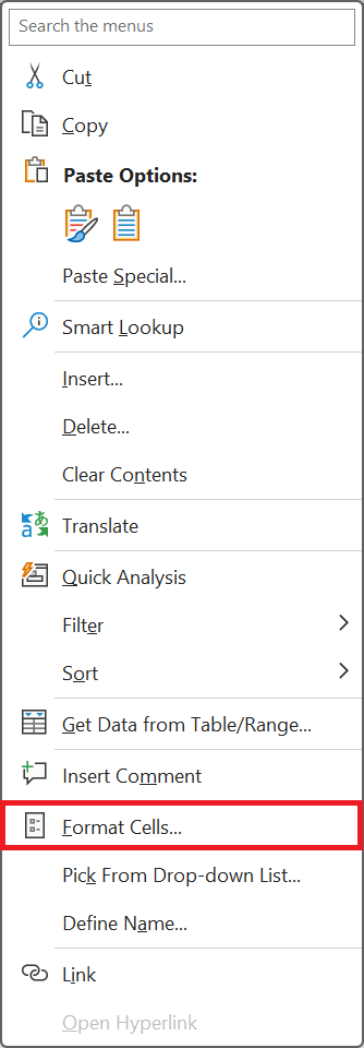Ponuka Format Cells po kliknutí pravým tlačidlom myši - Základy Microsoft Excel