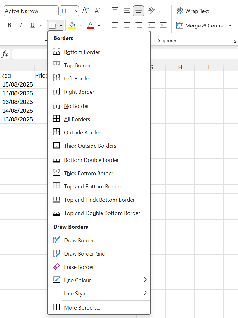 Ponuka predvolených typov orámovania buniek - Základy Microsoft Excel