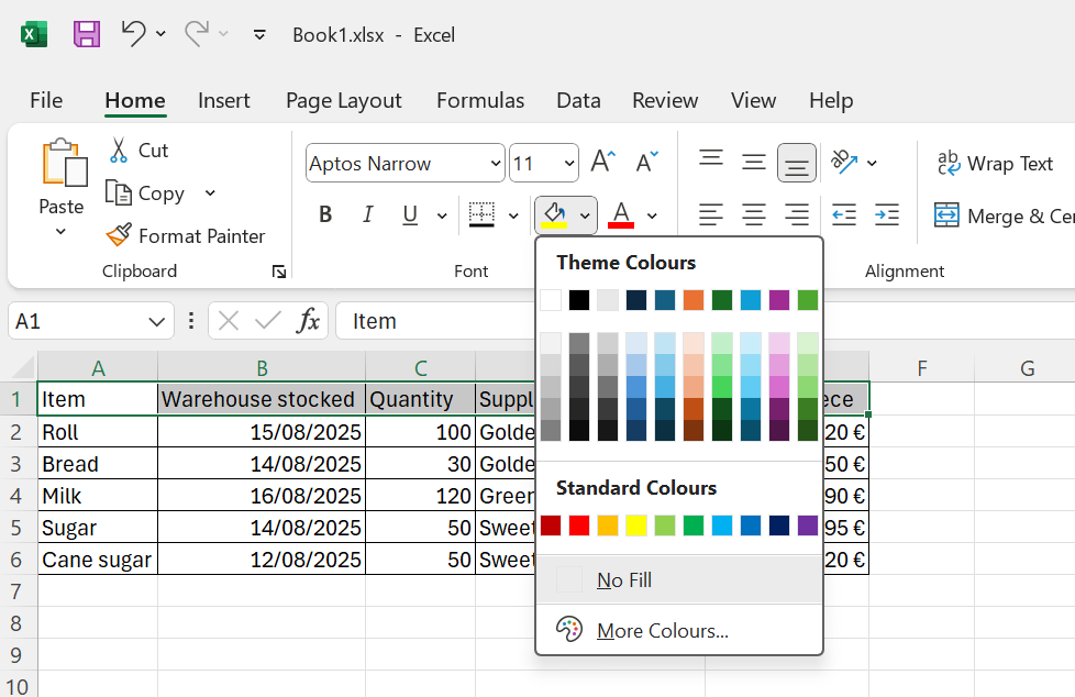 Ponuka farieb pre výplň buniek - Základy Microsoft Excel