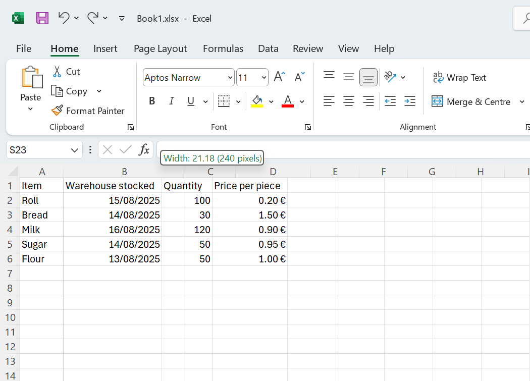 Úprava šírky stĺpca pomocou ťahania myšou - Základy Microsoft Excel