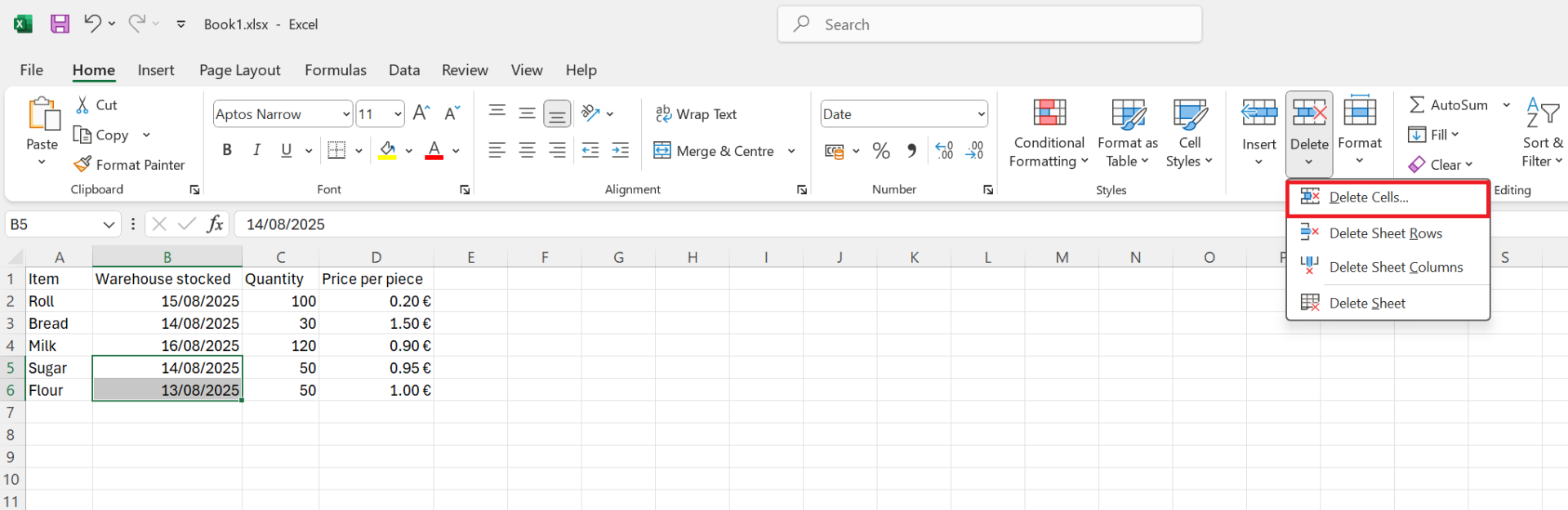 Možnosť odstránenia buniek na karte Home - Základy Microsoft Excel