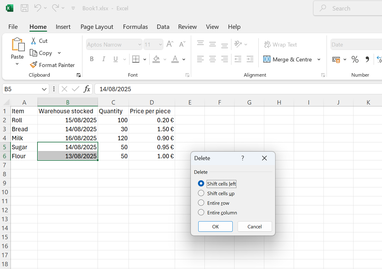 Voľba posunutia buniek pred odstránením vybraných buniek - Základy Microsoft Excel