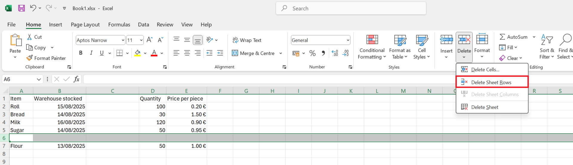 Ponuka odstránenia riadka na karte Home - Základy Microsoft Excel