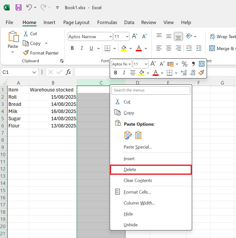 Ukážka odstránenia stĺpca pomocou pravého tlačidla myši - Základy Microsoft Excel