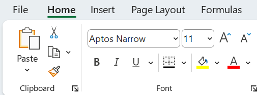 Sekcia Font na karte Home - Základy Microsoft Excel