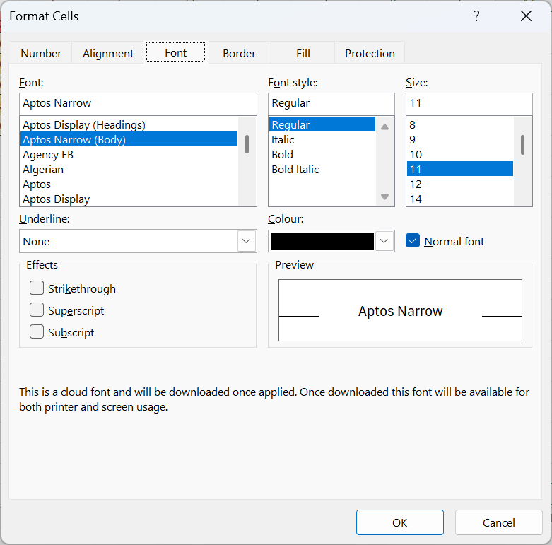 Karta Font v okne Format Cells - Základy Microsoft Excel