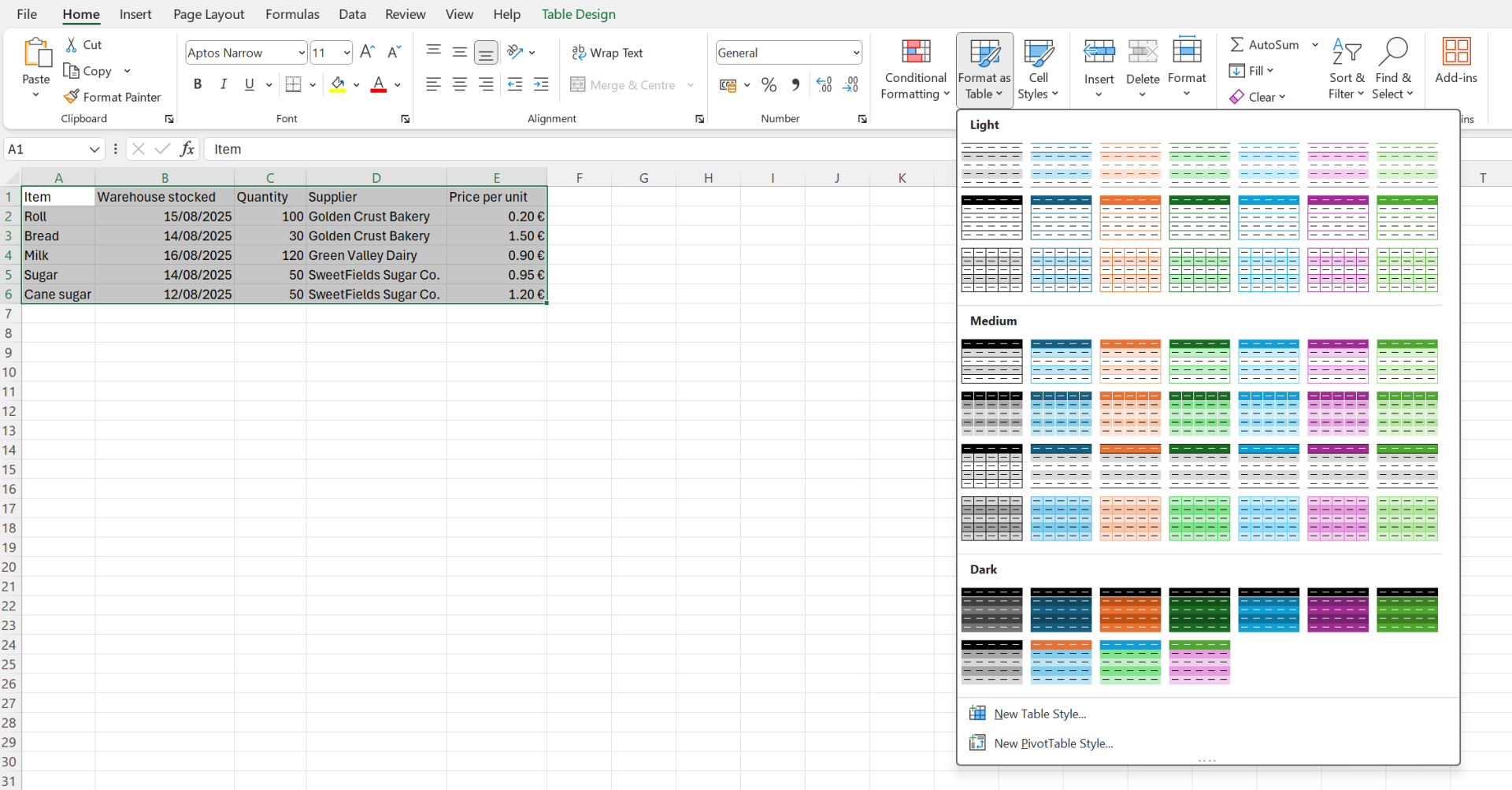 Ponuka Format as Table - Základy Microsoft Excel